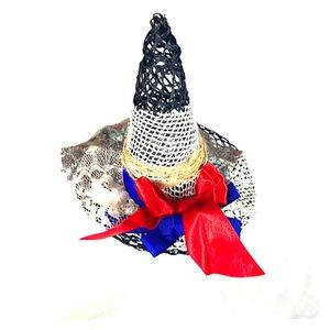 Red, white & blue mini straw witch hat with veil